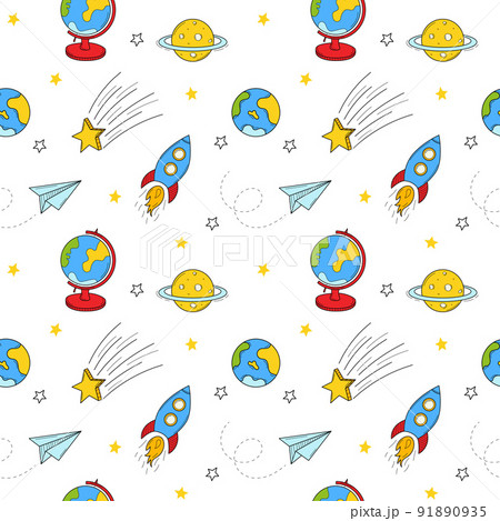 Seamless pattern with space objects, rocket, plane, air trail, planet, earth, saturn,comet, globe. Hand-drawn color fill elements. Colorful vector illustration on a white background. Seamless pattern with space objects, rocket, plane, air trail, planet, earth, saturn,comet, globe. Hand-drawn color fill elements. Colorful vector illustration on a white background. 91890935