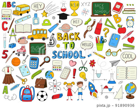 Set of doodle outline icons back to school. School items, supplies, stationery, Hand-drawn black and white vector illustration. Design elements are isolated on a white background Set of doodle outline icons back to school. School items, supplies, stationery, Hand-drawn black and white vector illustration. Design elements are isolated on a white background 91890936