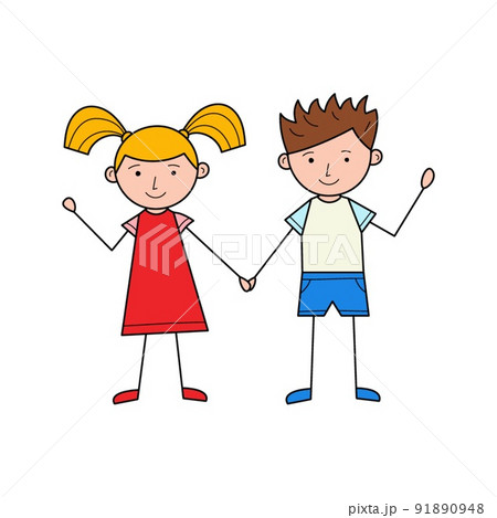 cute cartoon boy and girl holding hands
