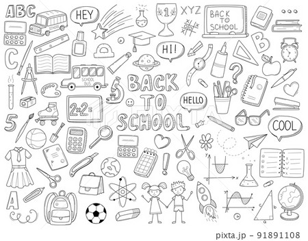 Set of doodle outline icons back to school. School items, supplies, stationery, Hand-drawn black and white vector illustration. Design elements are isolated on a white background Set of doodle outline icons back to school. School items, supplies, stationery, Hand-drawn black and white vector illustration. Design elements are isolated on a white background 91891108