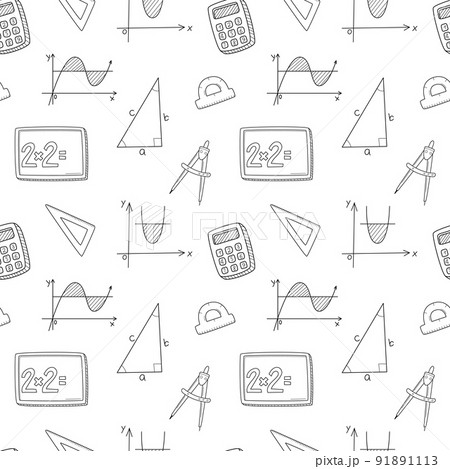 Seamless pattern with mathematical objects, graphs, triangle, Pythagorean theorem, calculator, compasses . Hand-drawn outline elements. Monochrome design. Black and white vector illustration on white. Seamless pattern with mathematical objects, graphs, triangle, Pythagorean theorem, calculator, compasses . Hand-drawn outline elements. Monochrome design. Black and white vector illustration on white. 91891113