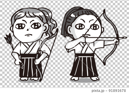 弓道の弓と矢を構えるかわいい女の子二人・モノクロ 91891678
