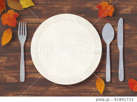 紅葉と食卓の上の皿とスプーンとフォークとナイフ水彩画 紅葉と食卓の上の皿とスプーンとフォークとナイフ水彩画 91891715