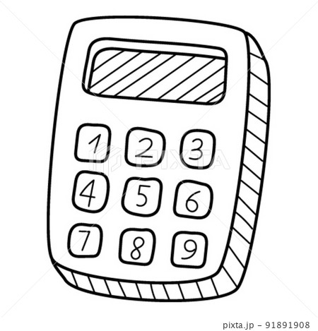 A simple calculator. Doodle. Hand-drawn black and white vector illustration. The design elements are isolated on a white background. 91891908