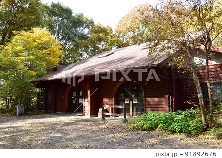 座間市　県立座間谷戸山公園のログハウスと紅葉 91892676