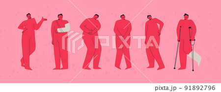 A set of characters - patients of the medical center. Traumatology, urology, gastroenterology, neurology, etc. Trendy vector illustrations for design. 91892796