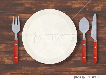 食卓の上の皿と赤いスプーンとフォークとナイフ水彩画 91893868