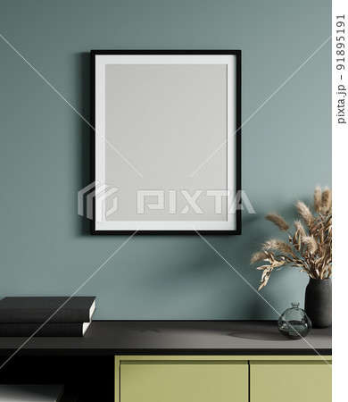 Mockup frame with green cabinet in modern interior on empty blue wall background, 3d rendering 91895191