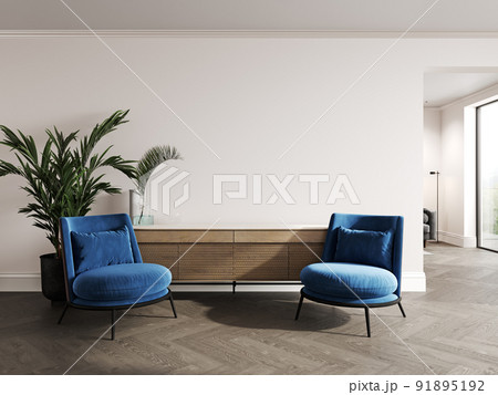 Modern living room with blue armchair, table and plant on beige wall background, 3d rendering 91895192