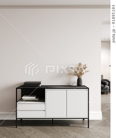 Home interior with console and decoration, living room in beige color with black furniture, 3d render 91895193