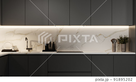 Close up in dark kitchen interior, Scandinavian style, panoramic background, 3d render Close up in dark kitchen interior, Scandinavian style, panoramic background, 3d render 91895202