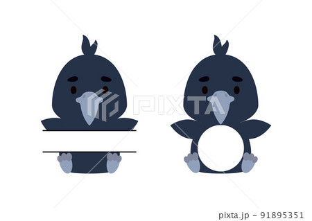 Cute little raven split monogram. Funny cartoon character for kids t-shirts, nursery decoration, baby shower, greeting cards, invitations, scrapbooking, home decor. Vector stock illustration 91895351