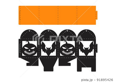 Halloween treat box with scary pumpkin. Jack-o-lantern facial gift party packaging for sweet, candies, small present, bakery. Simple package die cut template for laser cut. Vector stock illustration 91895426