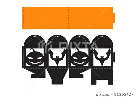 Halloween treat box with scary pumpkin. Jack-o-lantern facial gift party packaging for sweet, candies, small present, bakery. Simple package die cut template for laser cut. Vector stock illustration Halloween treat box with scary pumpkin. Jack-o-lantern facial gift party packaging for sweet, candies, small present, bakery. Simple package die cut template for laser cut. Vector stock illustration 91895427