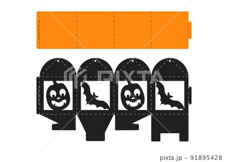 Halloween treat box with scary pumpkin. Jack-o-lantern facial gift party packaging for sweet, candies, small present, bakery. Simple package die cut template for laser cut. Vector stock illustration 91895428