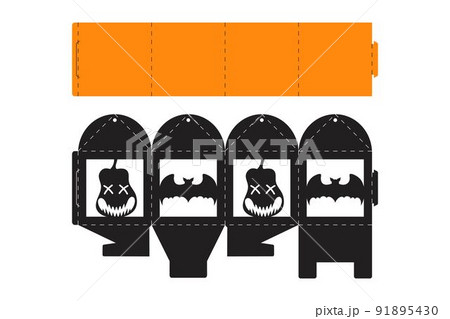 Halloween treat box with scary pumpkin. Jack-o-lantern facial gift party packaging for sweet, candies, small present, bakery. Simple package die cut template for laser cut. Vector stock illustration 91895430