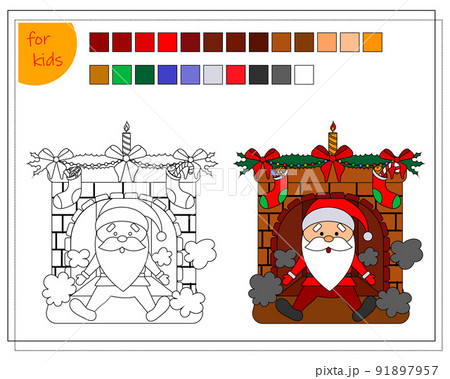 a coloring book for children, a fireplace decorated for Christmas a coloring book for children, a fireplace decorated for Christmas 91897957