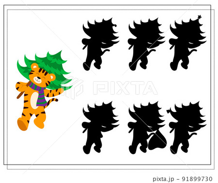 A logical game for children. Find the right shadow. A tiger carries a Christmas tree. Vector A logical game for children. Find the right shadow. A tiger carries a Christmas tree. Vector 91899730