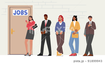 Confident Serious Young Man and Woman with Cv Stand in Line front of Office Door Waiting Job Interview or Meeting 91899943