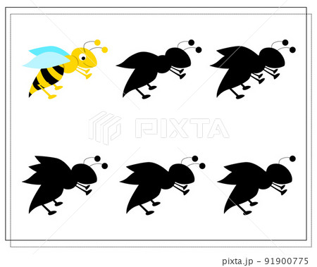 a puzzle game for preschool children. find the right shadow. Cartoon bee, wasp. Silhouette. Vector a puzzle game for preschool children. find the right shadow. Cartoon bee, wasp. Silhouette. Vector 91900775