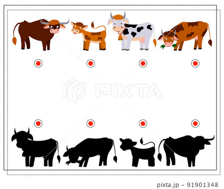 Children's logic game find the right shadow. Cow, bull, calf. Vector isolated on a white background Children's logic game find the right shadow. Cow, bull, calf. Vector isolated on a white background 91901348