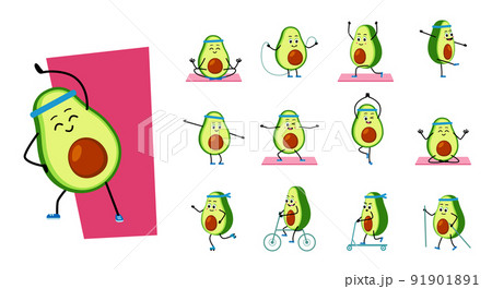 Avocado character does yoga. Outdoor sports. Set Vector 91901891