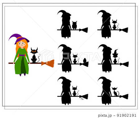 game for kids find the right shadow witch sitting on a broomstick with a cat, Halloween. vector 91902191