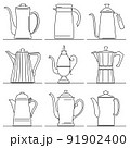 Set of flat design vector images of coffee pot drawn in art line style. 91902400