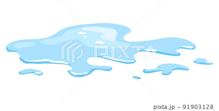 Water spill puddle. Blue liquid various shape in flat cartoon style. Vector fluid design element isolted on white background 91903128