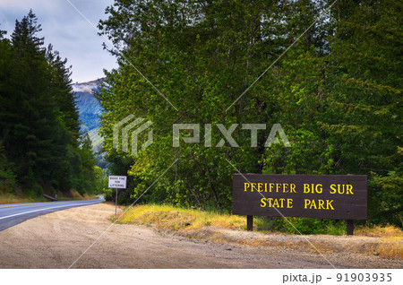 Welcome sign at the entrance to Pfeiffer Big Sur State Park in California 91903935