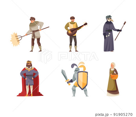 Middle Ages Character with Bard Playing Lute, Knight with Sword and King in Mantle Vector Illustration Set 91905270