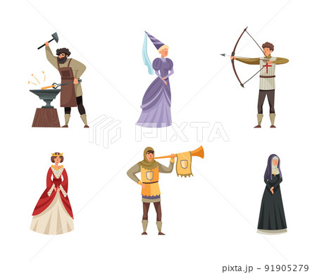 Middle Ages Character with Archer with Bow, Nun in Gown and Blacksmith with Hammer Vector Illustration Set 91905279
