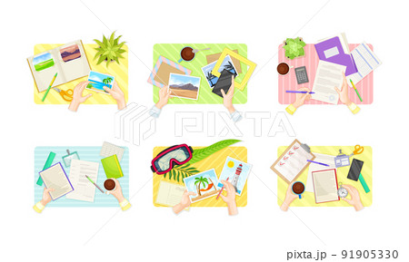 View from above of human hands putting photo in frame and sending postcards set vector illustration View from above of human hands putting photo in frame and sending postcards set vector illustration 91905330
