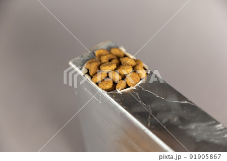 A silver rectangular box against a gray background. Pet food spilling out of the hole. Dry pelleted food. Pet food. Selective focus. A silver rectangular box against a gray background. Pet food spilling out of the hole. Dry pelleted food. Pet food. Selective focus. 91905867