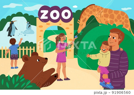Zoo entrance gates. Safari park doors. Tourists with kids feed animals. Cute penguins. Giraffe and bear. Family leisure. Summer recreation. Parents and children joy. Vector concept 91906560