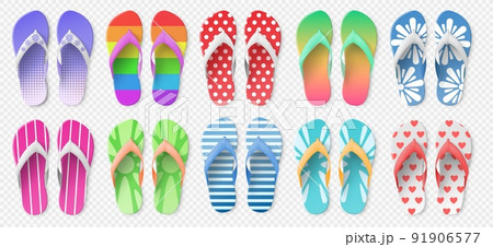 Realistic colorful flip flops model. 3D rubber shoes. Patterned bright sandals top view. Beach summer footwear. Bathroom feet accessories. Casual clothing. Vector isolated slippers set Realistic colorful flip flops model. 3D rubber shoes. Patterned bright sandals top view. Beach summer footwear. Bathroom feet accessories. Casual clothing. Vector isolated slippers set 91906577