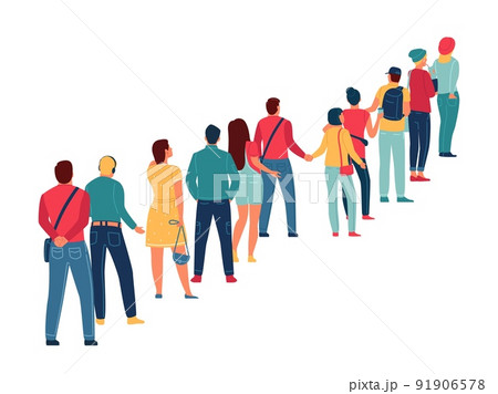 People queue. Waiting line back view. Men or women standing in row. Customer group. Persons queuing at store cashier or terminal. Student community. Organized movement. Vector concept People queue. Waiting line back view. Men or women standing in row. Customer group. Persons queuing at store cashier or terminal. Student community. Organized movement. Vector concept 91906578