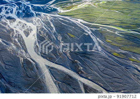 Aerial drone view of a huge riverbed, Iceland 91907712