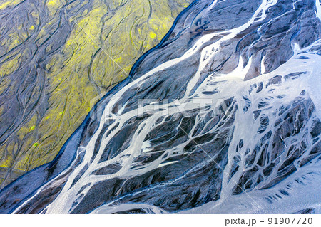 Aerial drone view of a huge riverbed, Iceland Aerial drone view of a huge riverbed, Iceland 91907720