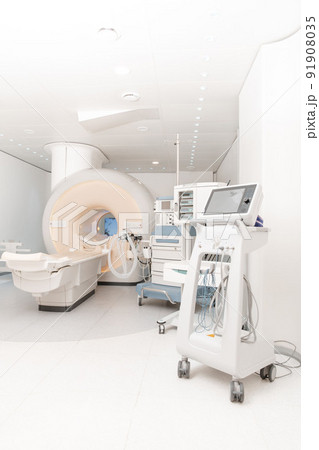 Medical CT or MRI Scan in the modern hospital laboratory. Interior of radiography department. Technologically advanced equipment in white room. Magnetic resonance diagnostics machine. 91908035