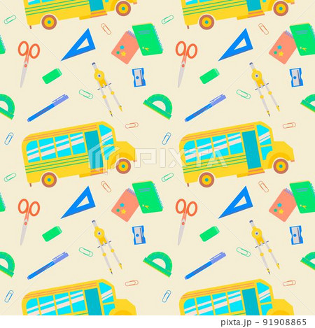 Back to school Seamless pattern with ruler, school bus, compass, scissors, sharpener, lunchbox, notebook, clip. Vector illustration for teenagers or children. Back to school Seamless pattern with ruler, school bus, compass, scissors, sharpener, lunchbox, notebook, clip. Vector illustration for teenagers or children. 91908865