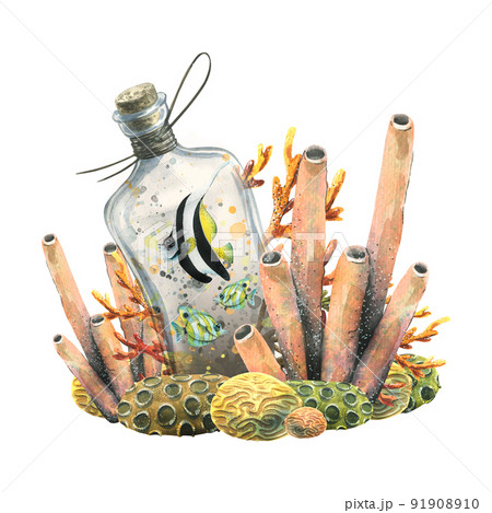 Tropical fish in a bottle with corals and sea sponges. Watercolor composition. Illustration for the design of postcards, souvenirs, posters, banners, stickers, prints. 91908910
