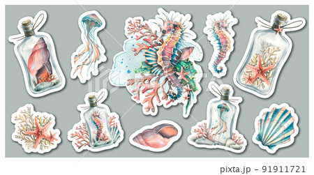 The blank of a set of stickers on the marine theme. With jellyfish, seahorse, shells, starfish, bottles and corals. Watercolor illustration. The blank of a set of stickers on the marine theme. With jellyfish, seahorse, shells, starfish, bottles and corals. Watercolor illustration. 91911721