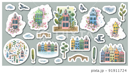 Blank for a set of stickers on the theme of an Old European city. With houses, flowers, bridges, pigeons, clouds, trees. Watercolor illustration. Blank for a set of stickers on the theme of an Old European city. With houses, flowers, bridges, pigeons, clouds, trees. Watercolor illustration. 91911724