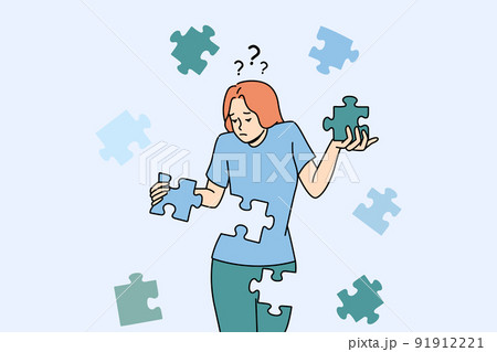 Confused woman connect puzzles rebuild personality  91912221
