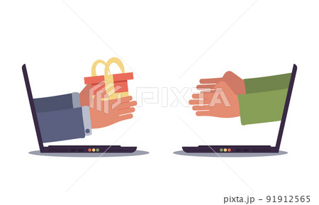 Online shopping and fast money consumerism courier to customer. Hand gold gift and order sell vector illustration concept. E-commerce delivery shop and hands shipping box. Internet service on laptop 91912565