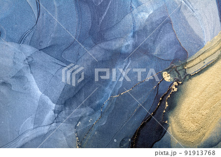 Blue and gold alcohol ink technique. Luxury abstract fluid art painting background. 91913768