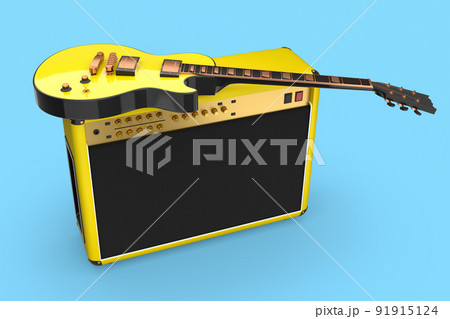 Classical amplifier with acoustic guitar isolated on blue background. Classical amplifier with acoustic guitar isolated on blue background. 91915124