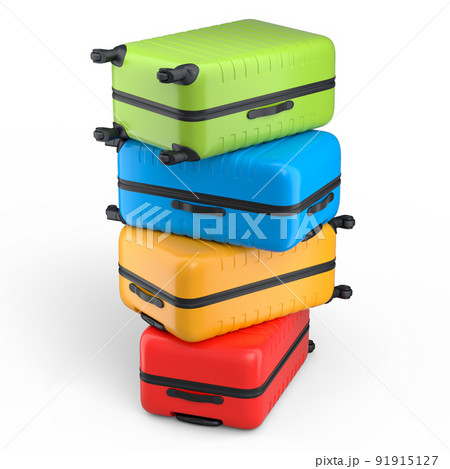 Stack of polycarbonate suitcases isolated on white background 91915127
