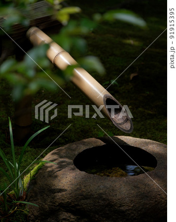 日本庭園の木漏れ日と手水の風景 日本庭園の木漏れ日と手水の風景 91915395